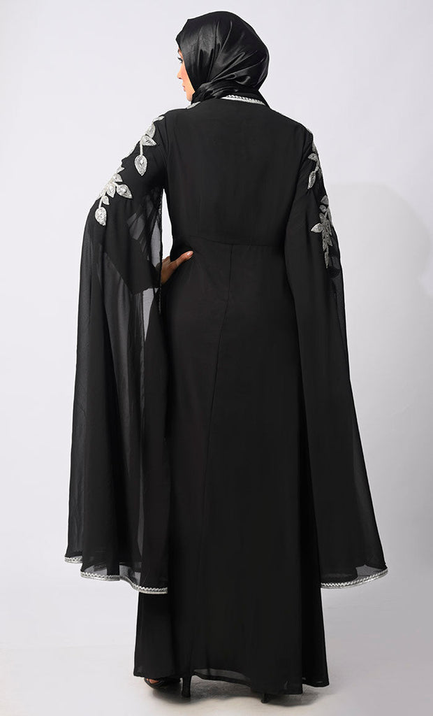 Crafted Couture: Discover Opulent Handwork Black Abaya with Batwing Sleeves - Final Sale - EastEssence.com