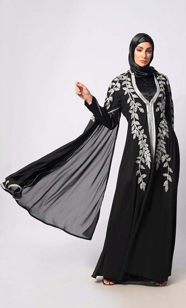 Crafted Couture: Discover Opulent Handwork Black Abaya with Batwing Sleeves - Final Sale - EastEssence.com