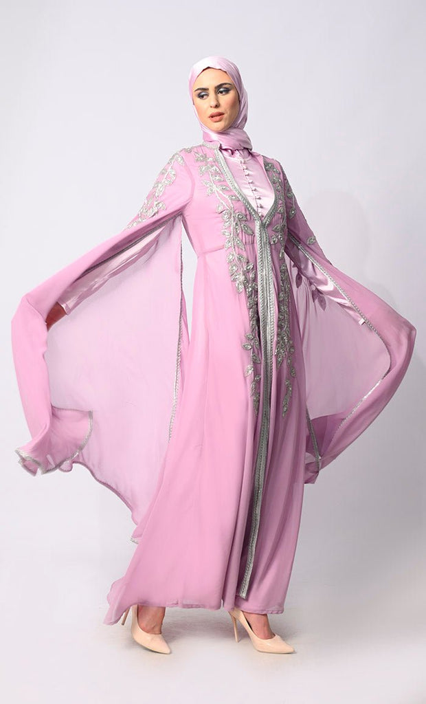 Crafted Couture: Discover Opulent Handwork Lavendar Abaya with Batwing Sleeves - EastEssence.com