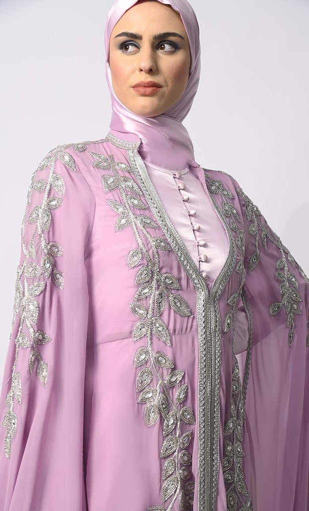 Crafted Couture: Discover Opulent Handwork Lavendar Abaya with Batwing Sleeves - Final Sale - EastEssence.com