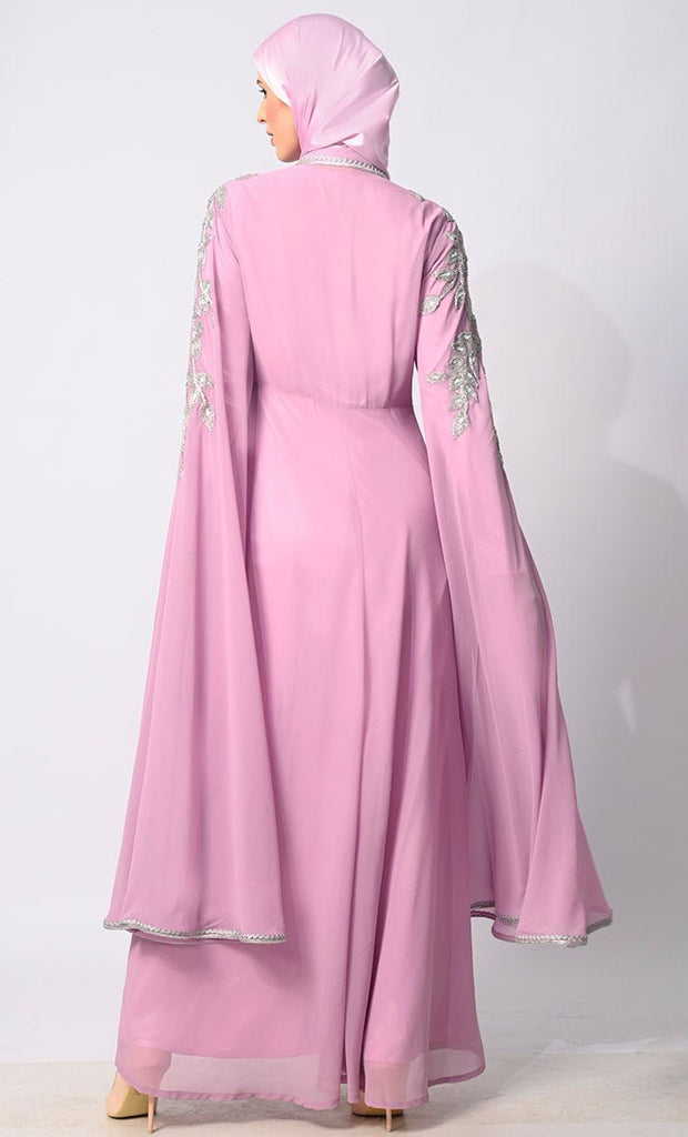 Crafted Couture: Discover Opulent Handwork Lavendar Abaya with Batwing Sleeves - Final Sale - EastEssence.com