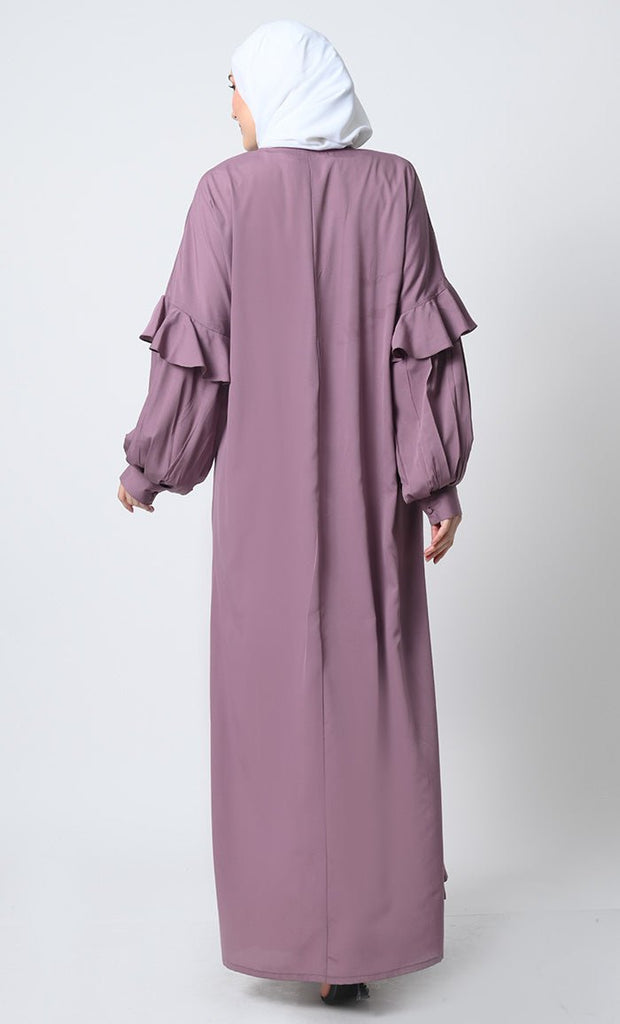 Crepe Fabric A - Line Abaya with frilled Bishop Sleeves - EastEssence.com