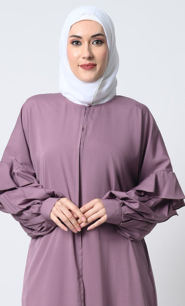 Crepe Fabric A - Line Abaya with frilled Bishop Sleeves - EastEssence.com