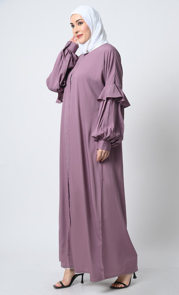 Crepe Fabric A - Line Abaya with frilled Bishop Sleeves - EastEssence.com