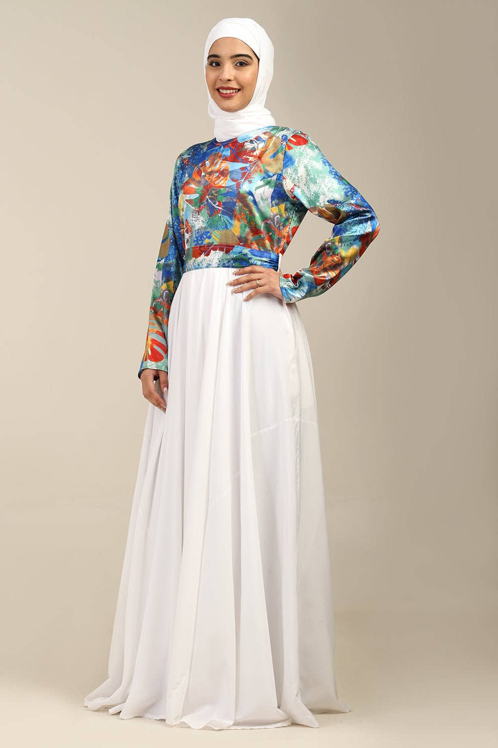 Crepe Flared Abaya with Satin Printed Top & Straight Sleeves - EastEssence.com
