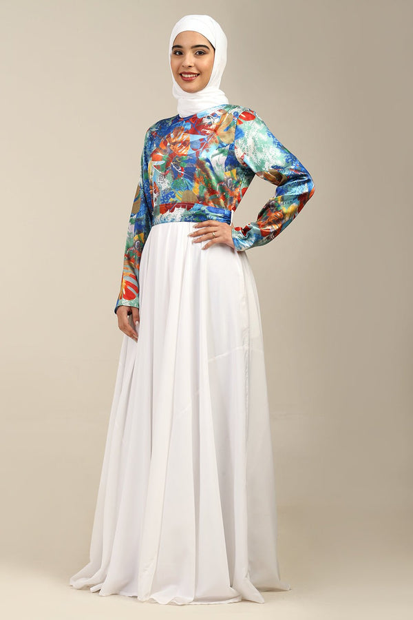 Crepe Flared Abaya with Satin Printed Top & Straight Sleeves - EastEssence.com