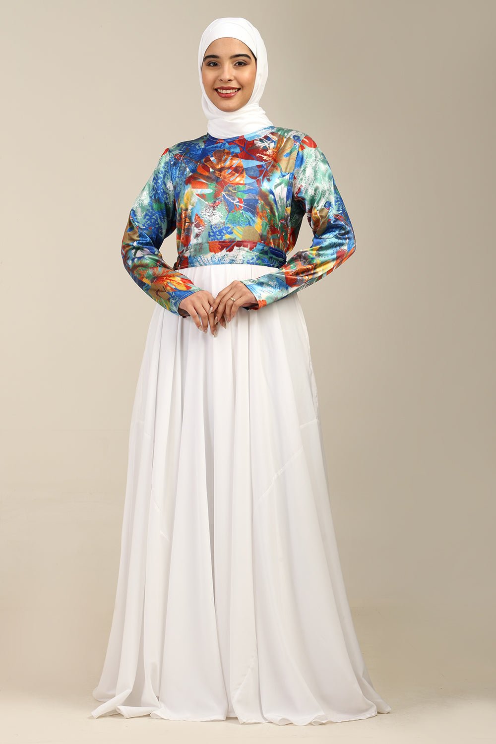 Crepe Flared Abaya with Satin Printed Top & Straight Sleeves - EastEssence.com