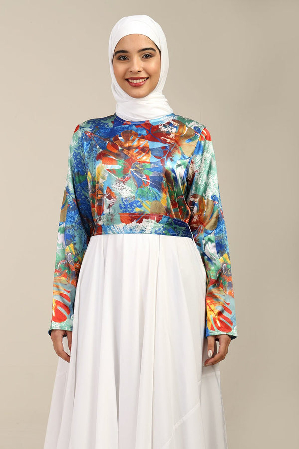 Crepe Flared Abaya with Satin Printed Top & Straight Sleeves - EastEssence.com