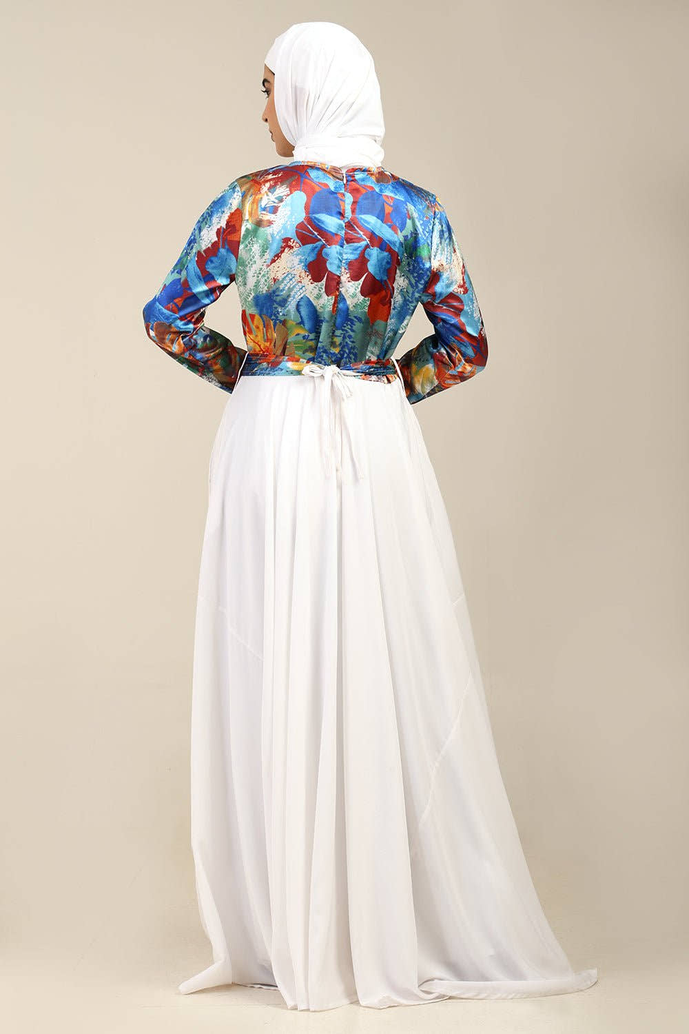 Crepe Flared Abaya with Satin Printed Top & Straight Sleeves - EastEssence.com