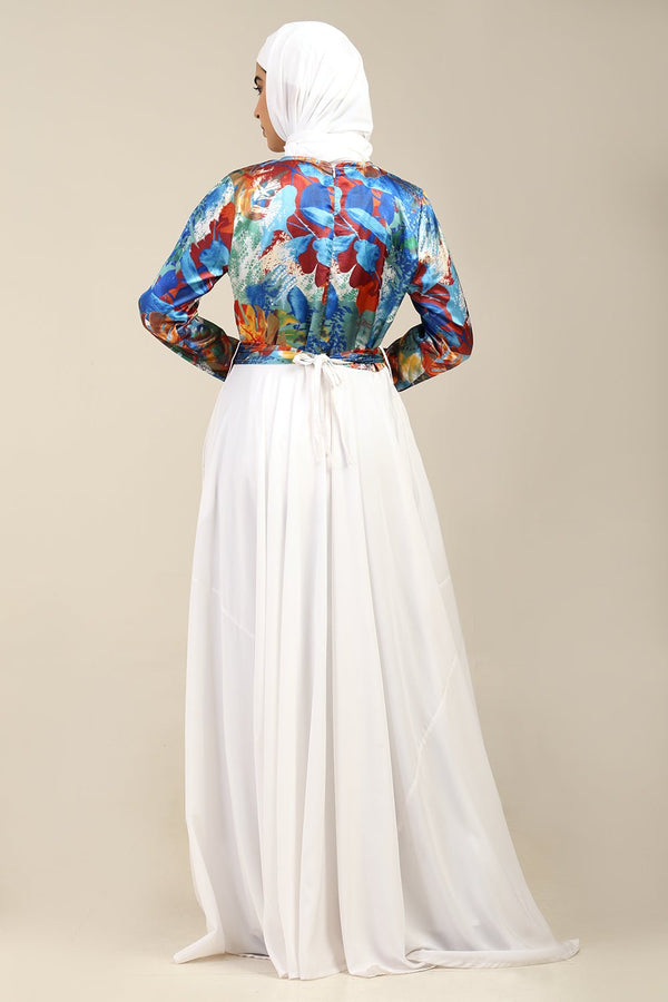 Crepe Flared Abaya with Satin Printed Top & Straight Sleeves - EastEssence.com