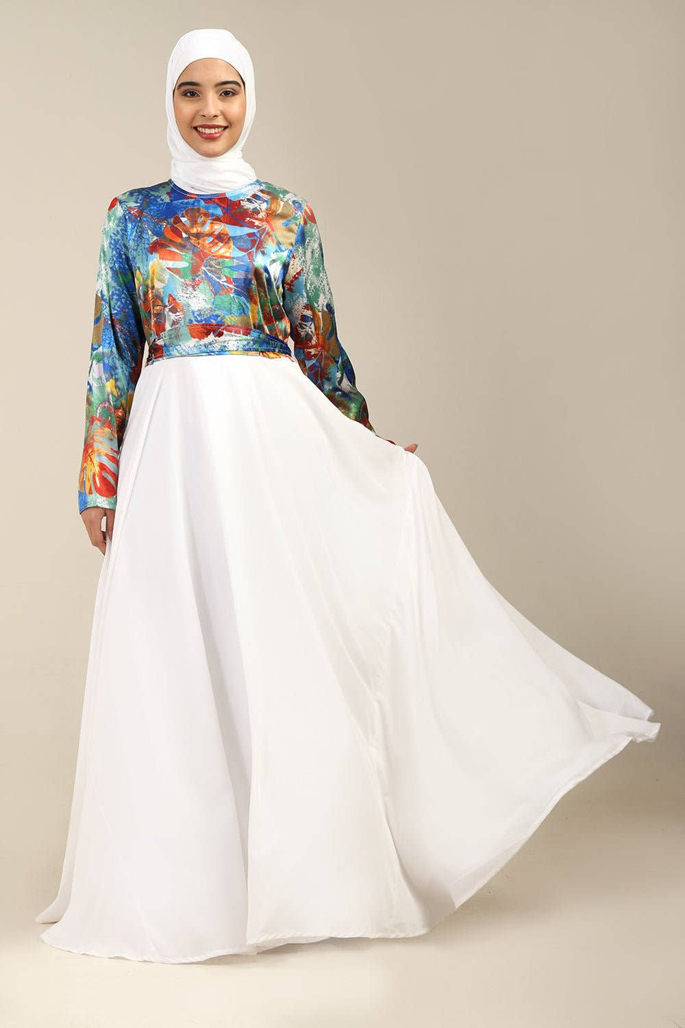 Crepe Flared Abaya with Satin Printed Top & Straight Sleeves - EastEssence.com
