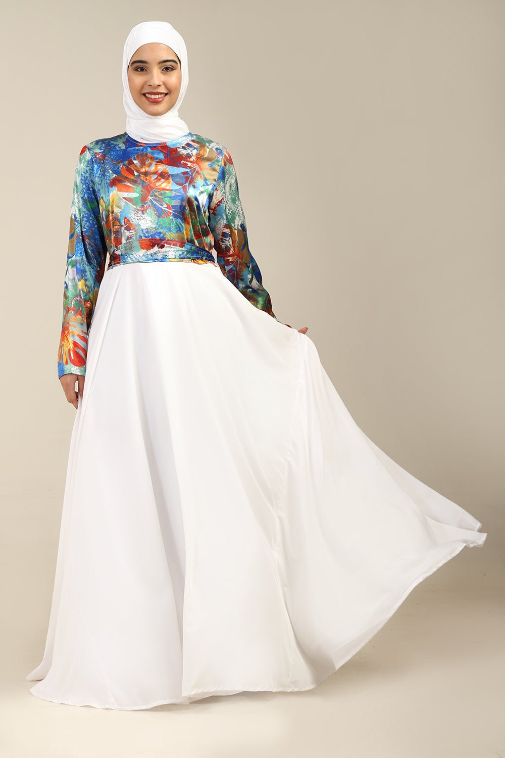 Crepe Flared Abaya with Satin Printed Top & Straight Sleeves - EastEssence.com