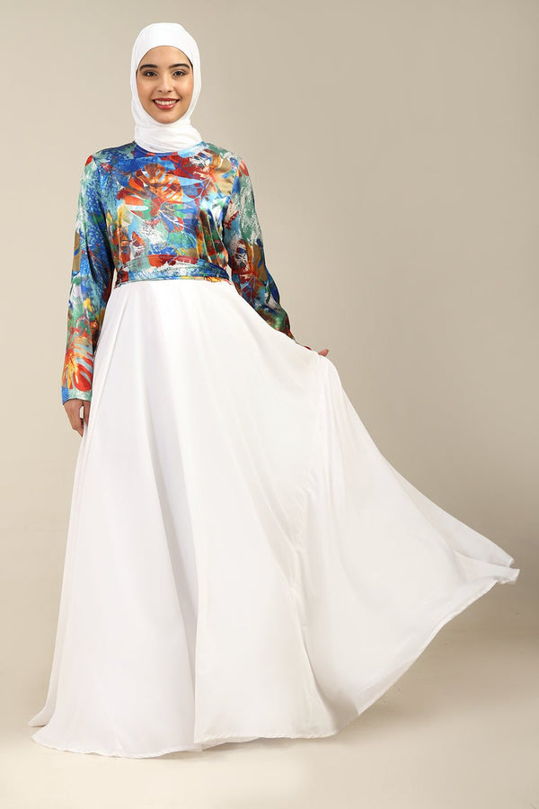 Crepe Flared Abaya with Satin Printed Top & Straight Sleeves - EastEssence.com
