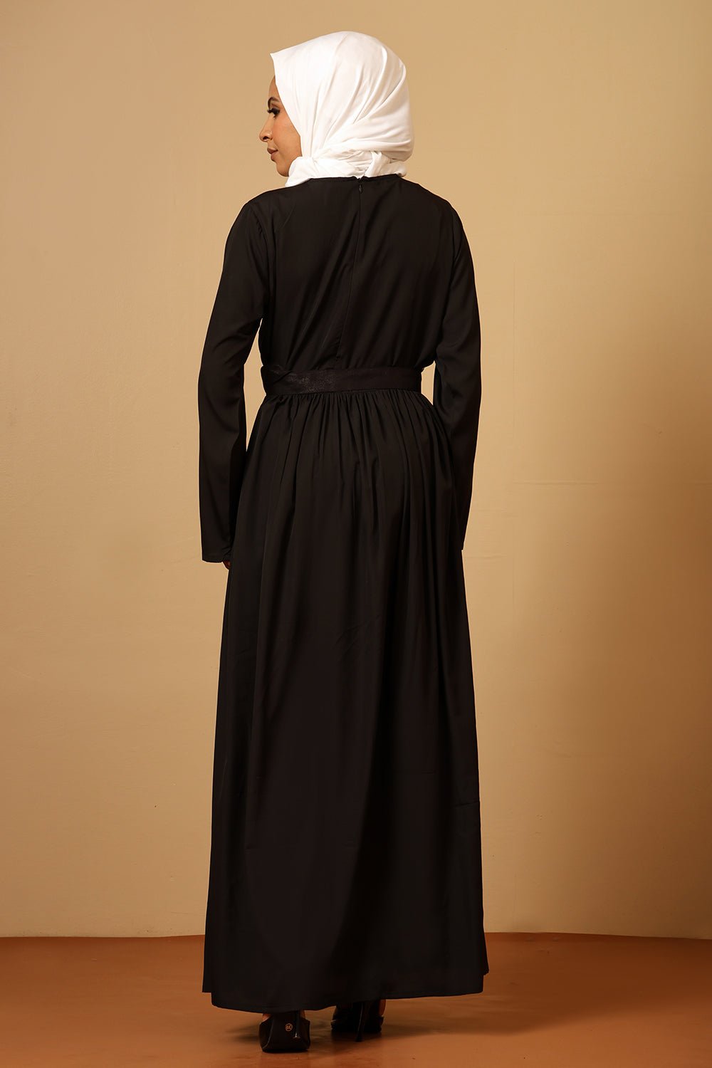 Crepe Pleated Waist Abaya Dress with Adjustable Separate Belt - EastEssence.com