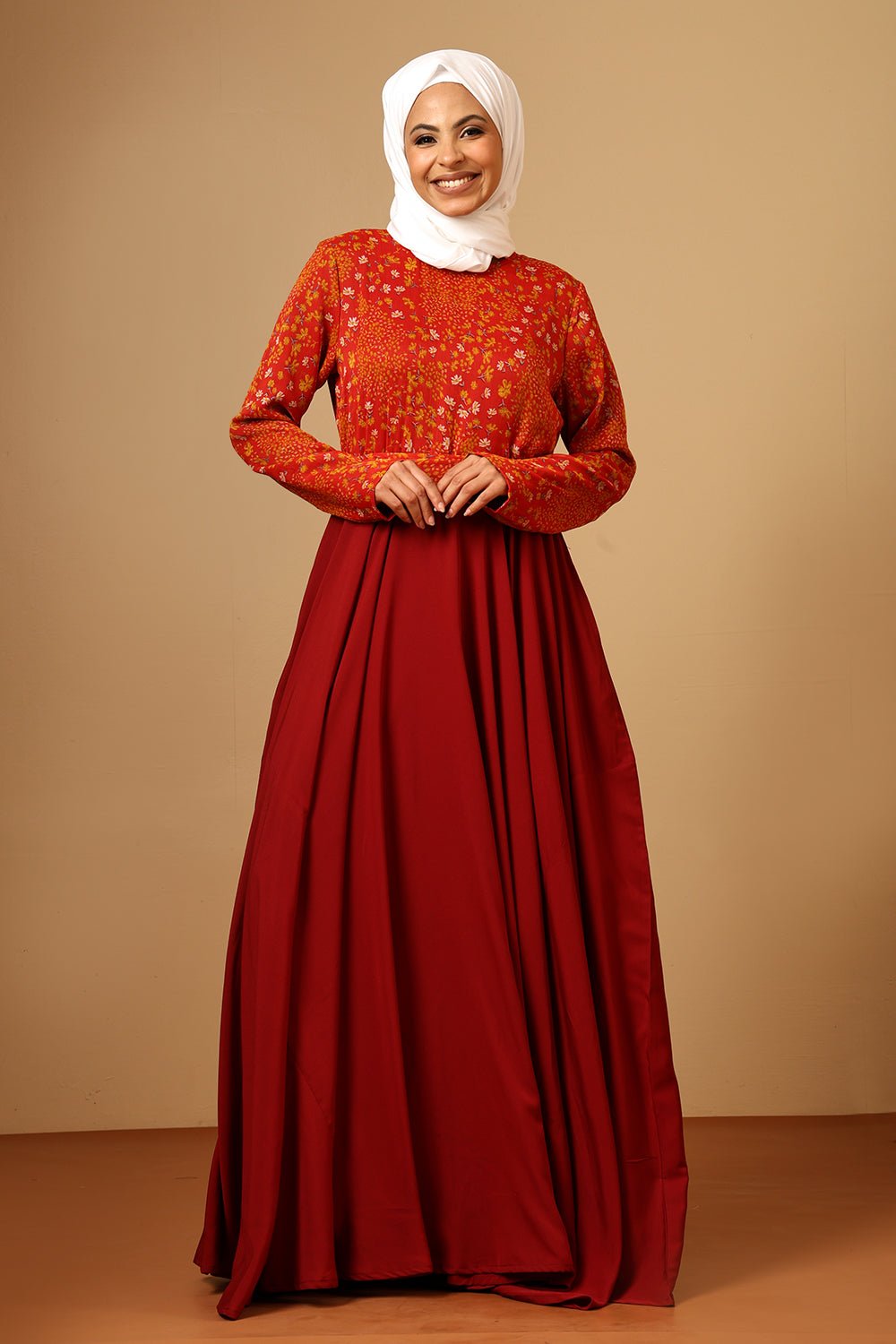 Crepe Printed Top Pleated Waist Flared Abaya Dress - EastEssence.com