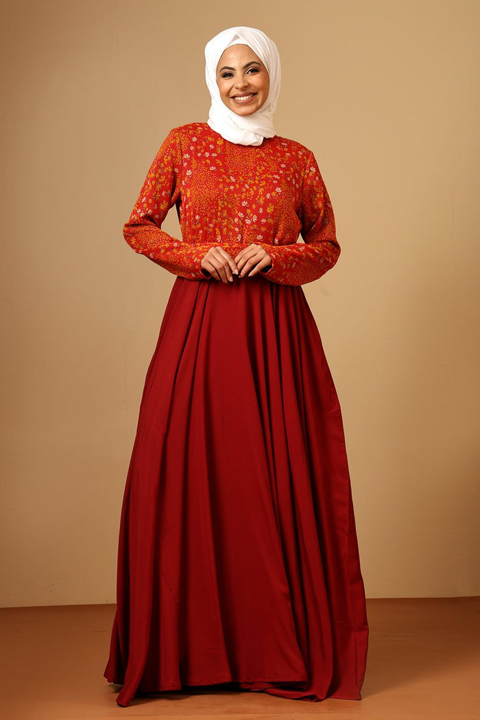 Crepe Printed Top Pleated Waist Flared Abaya Dress