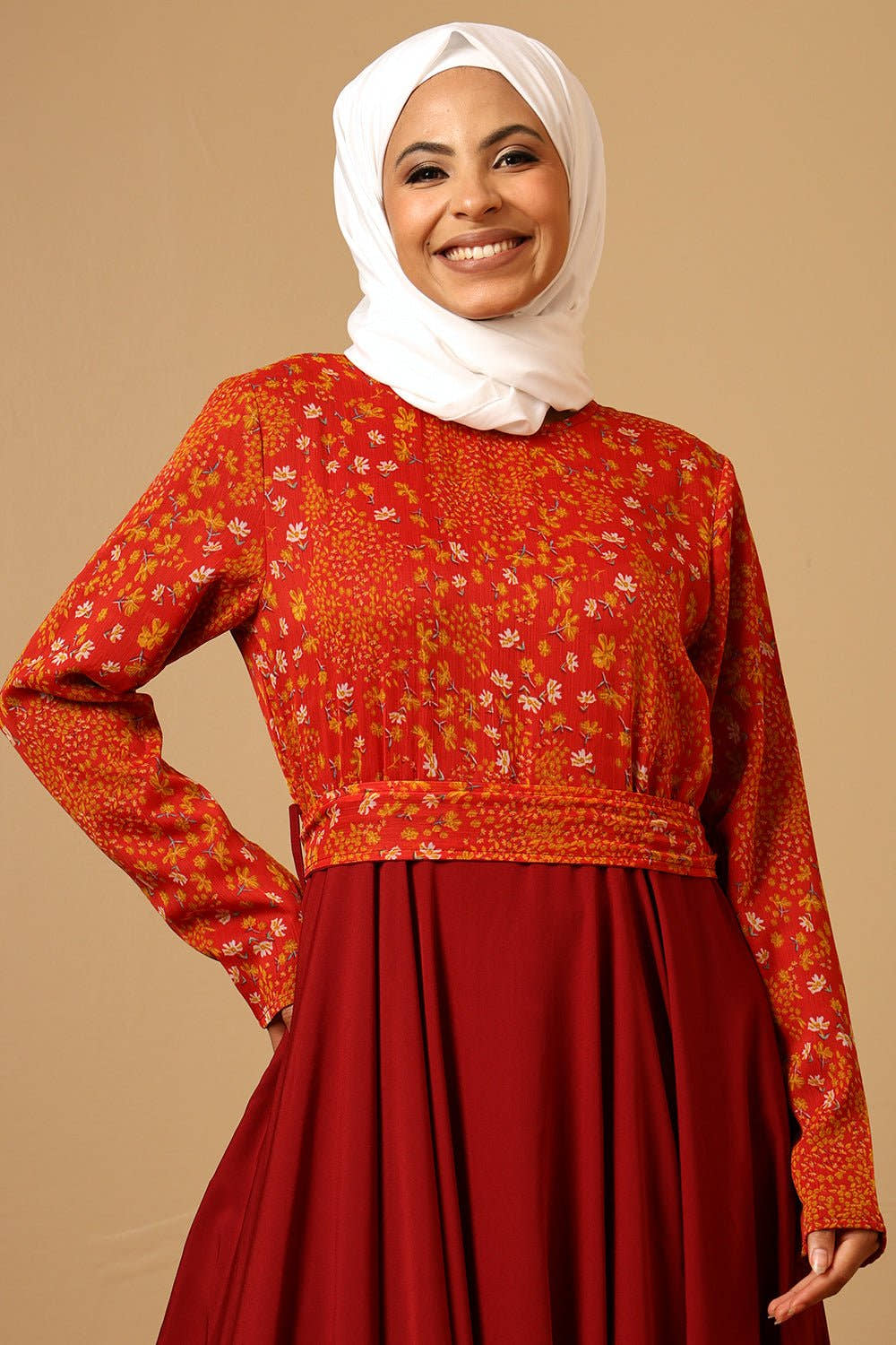 Crepe Printed Top Pleated Waist Flared Abaya Dress - EastEssence.com
