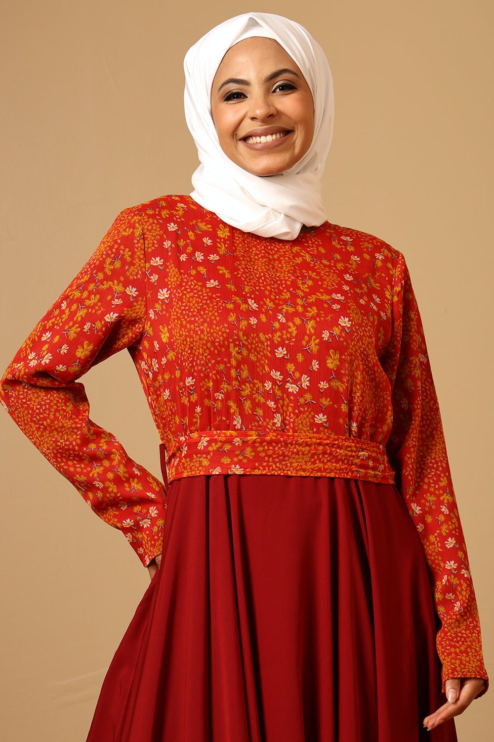 Crepe Printed Top Pleated Waist Flared Abaya Dress - EastEssence.com