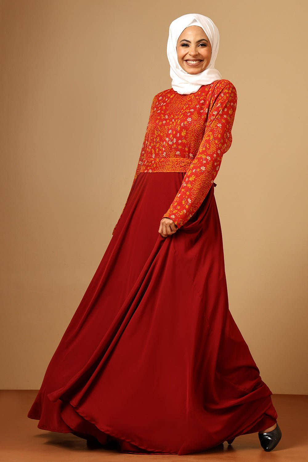 Crepe Printed Top Pleated Waist Flared Abaya Dress - EastEssence.com