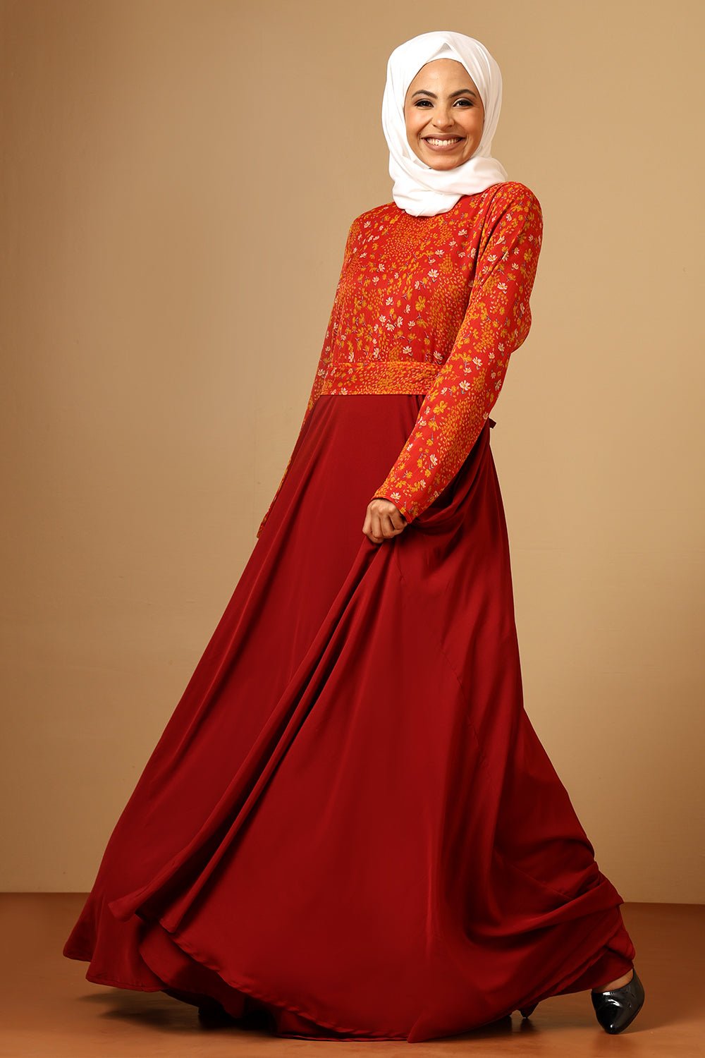 Crepe Printed Top Pleated Waist Flared Abaya Dress - EastEssence.com