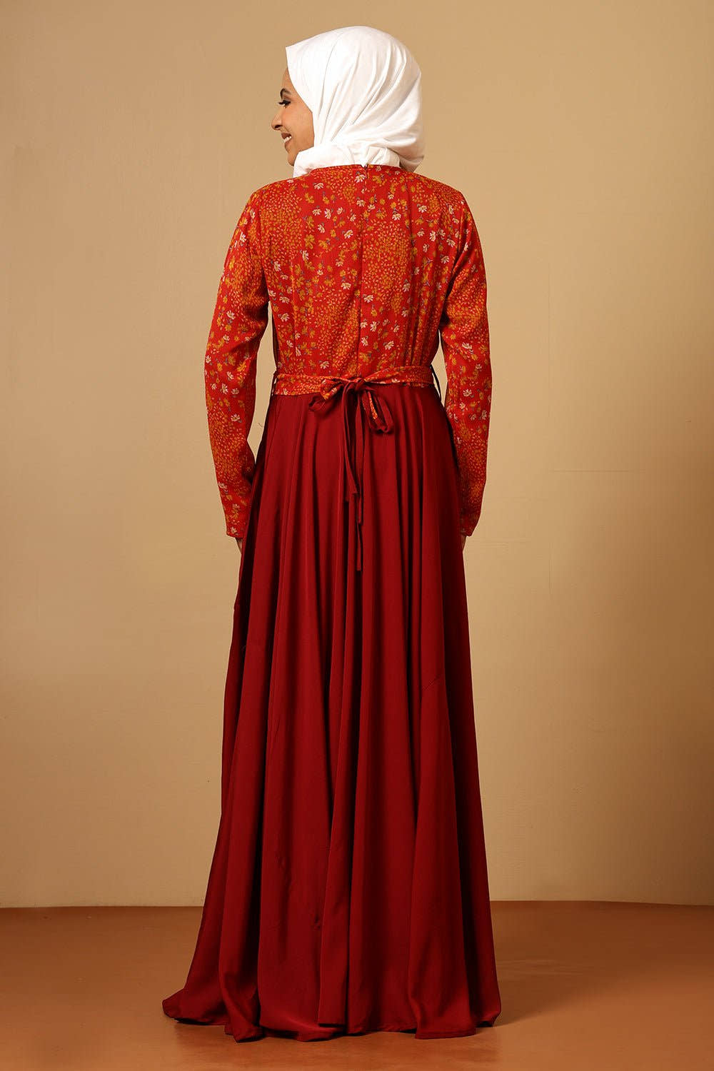 Crepe Printed Top Pleated Waist Flared Abaya Dress - EastEssence.com
