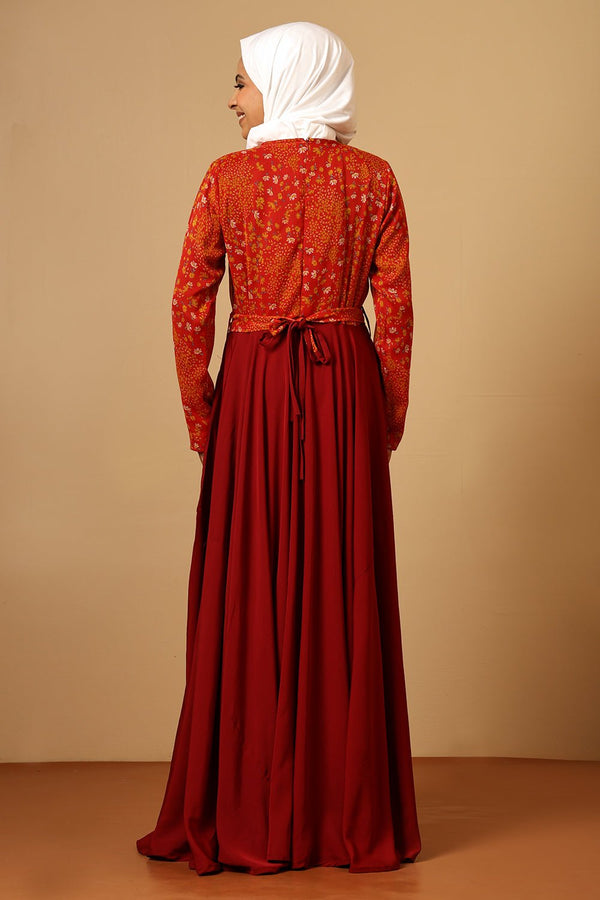 Crepe Printed Top Pleated Waist Flared Abaya Dress - EastEssence.com