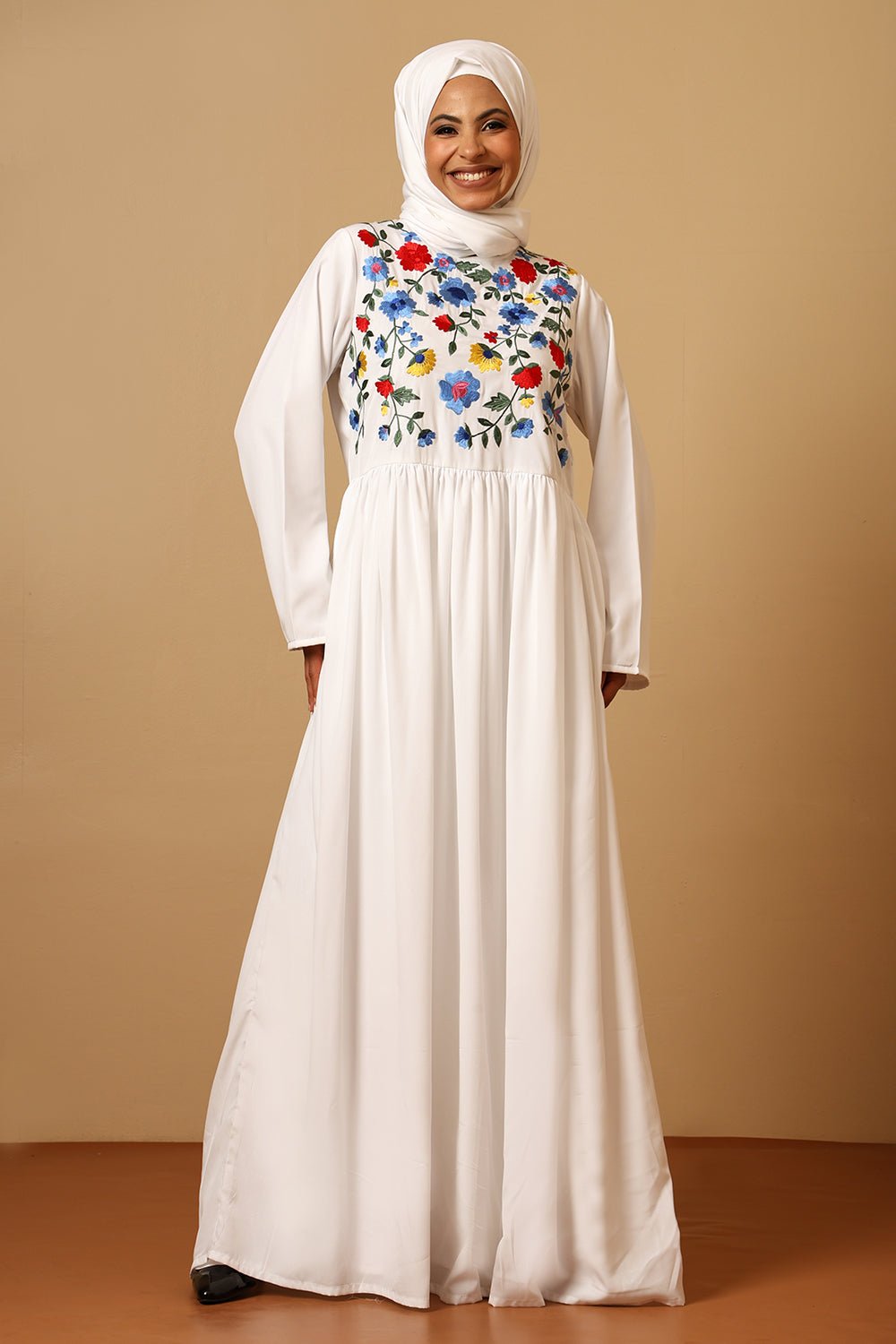 Crepe Round Neck Floral Embroidered Flared Abaya Dress for Women - EastEssence.com