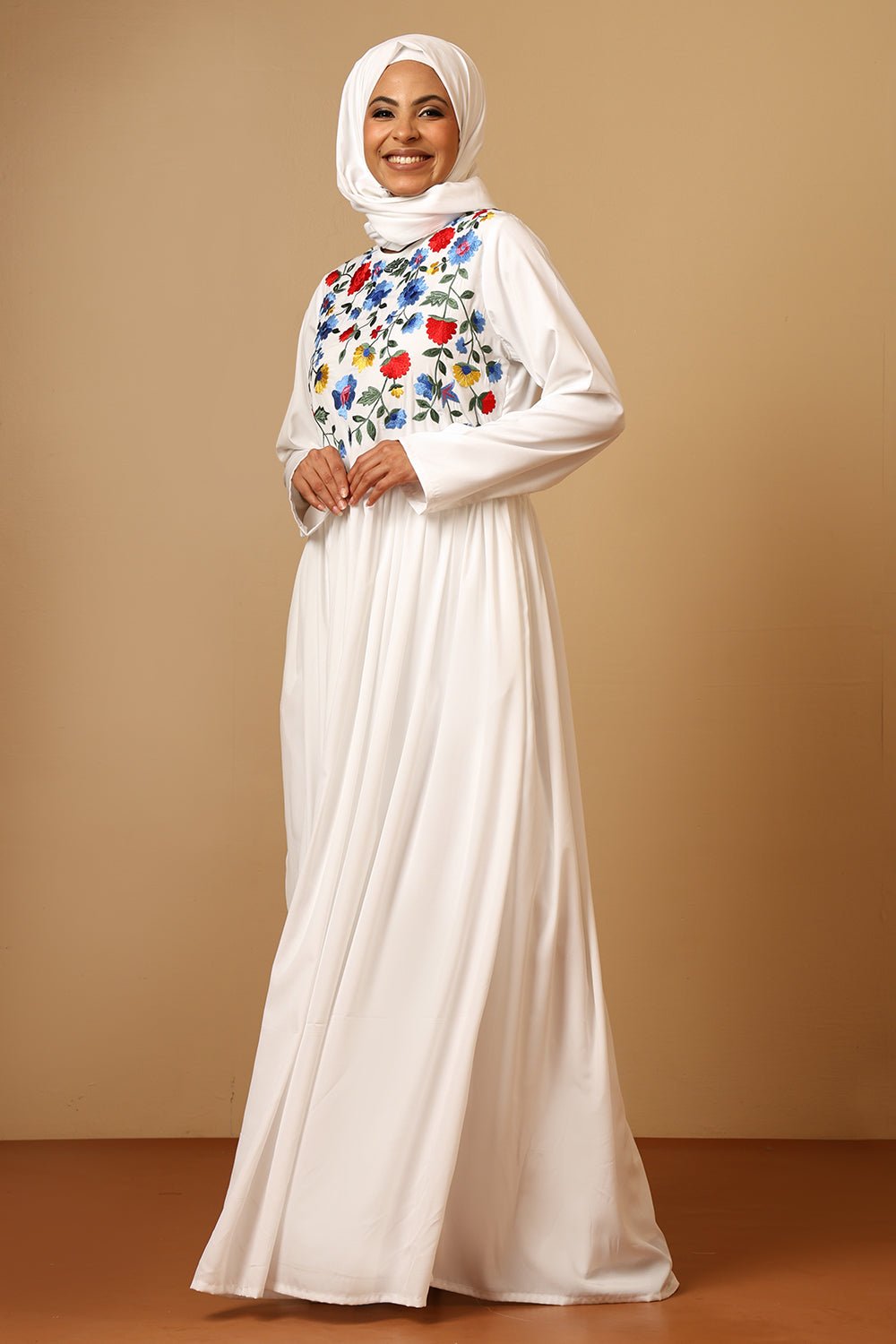 Crepe Round Neck Floral Embroidered Flared Abaya Dress for Women - EastEssence.com