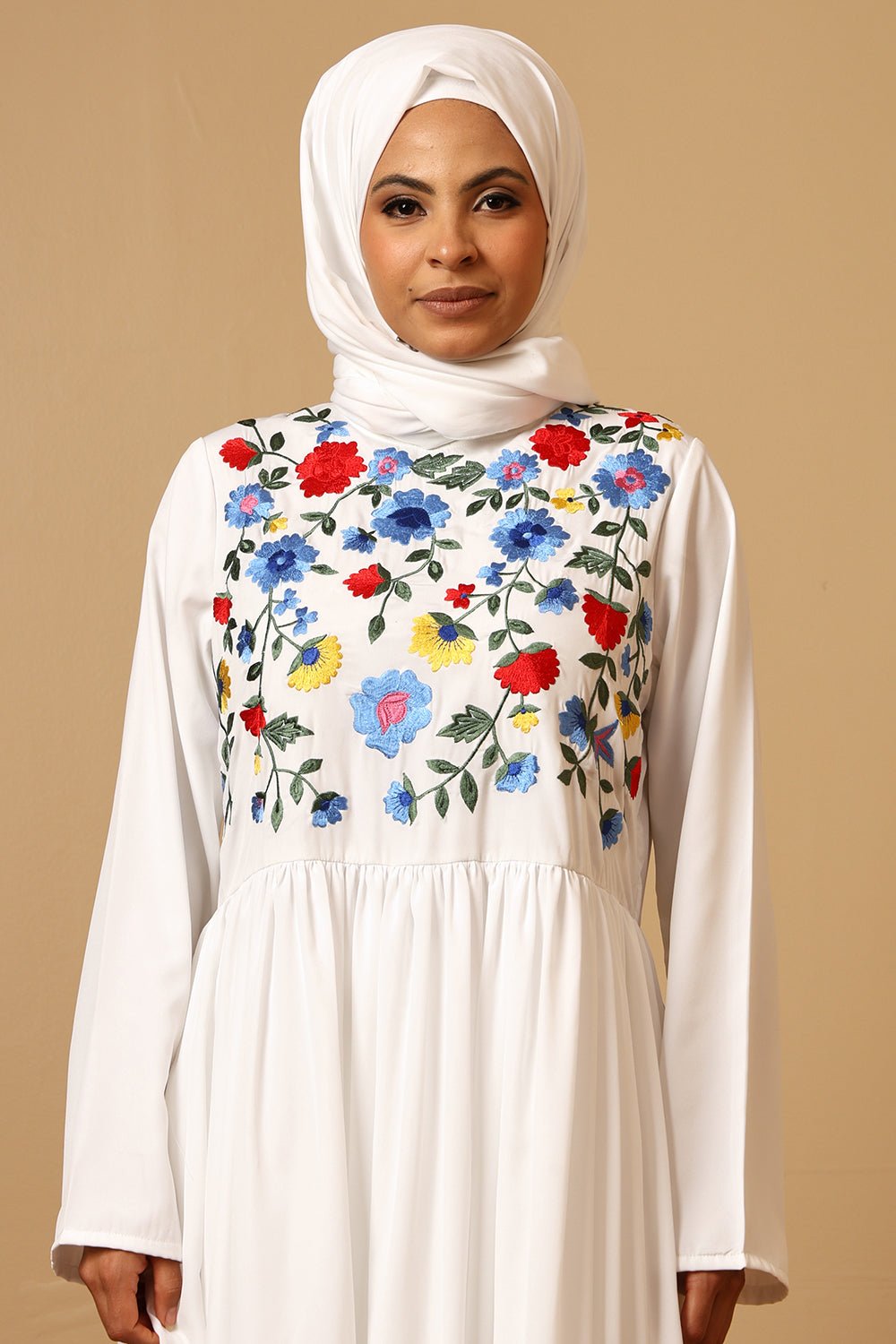 Crepe Round Neck Floral Embroidered Flared Abaya Dress for Women - EastEssence.com