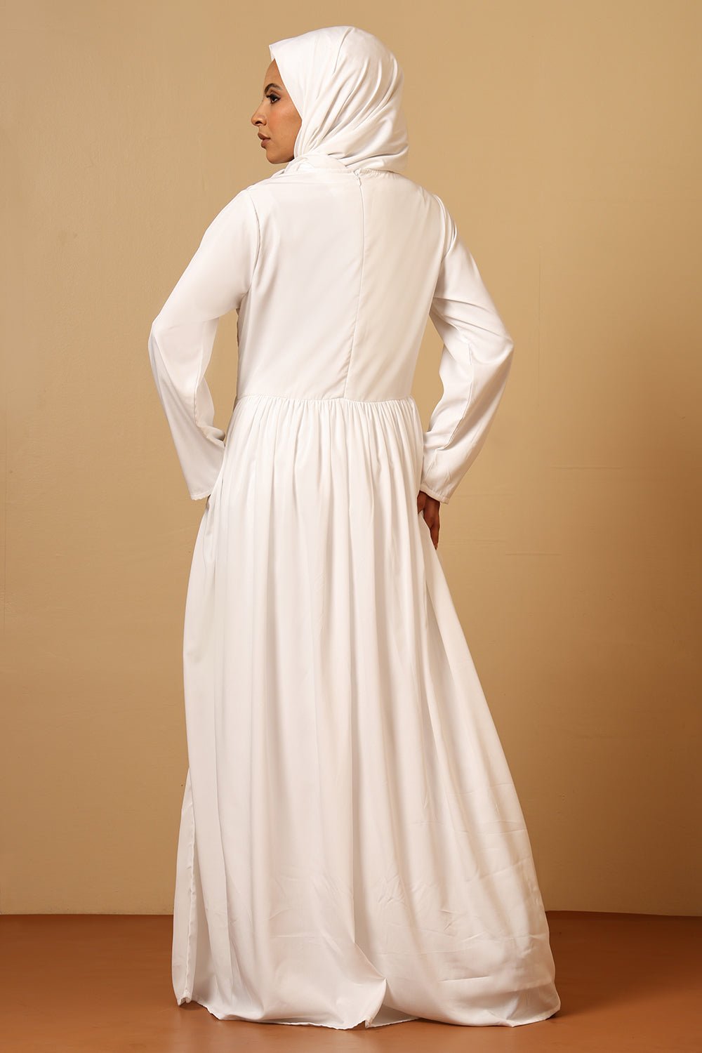 Crepe Round Neck Floral Embroidered Flared Abaya Dress for Women - EastEssence.com