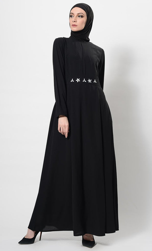 Crystal Embellished Motifs Flared Abaya Dress And Hijab Set - Final Sale - EastEssence.com