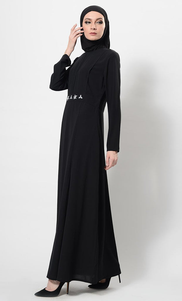 Crystal Embellished Motifs Flared Abaya Dress And Hijab Set - Final Sale - EastEssence.com