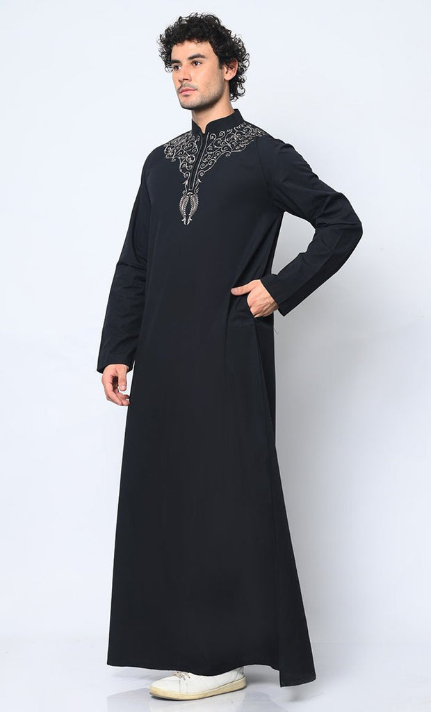 Cultural Heritage: Men's Black Thobe with Beautiful Arabic Embroidery - EastEssence.com