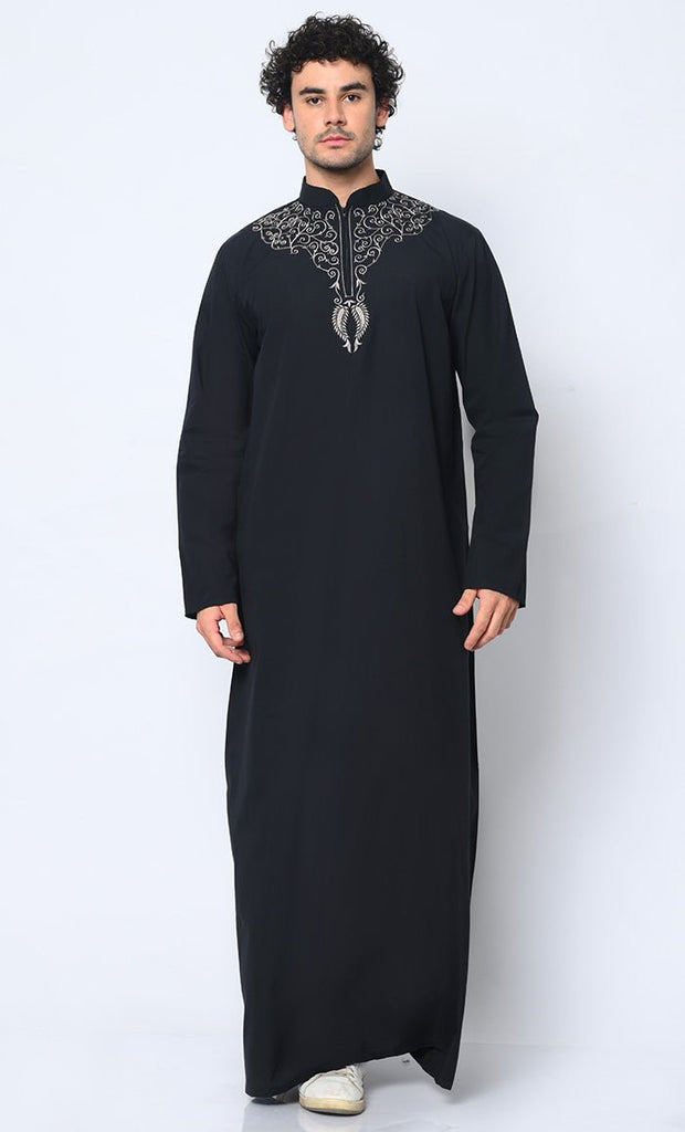 Cultural Heritage: Men's Black Thobe with Beautiful Arabic Embroidery - EastEssence.com
