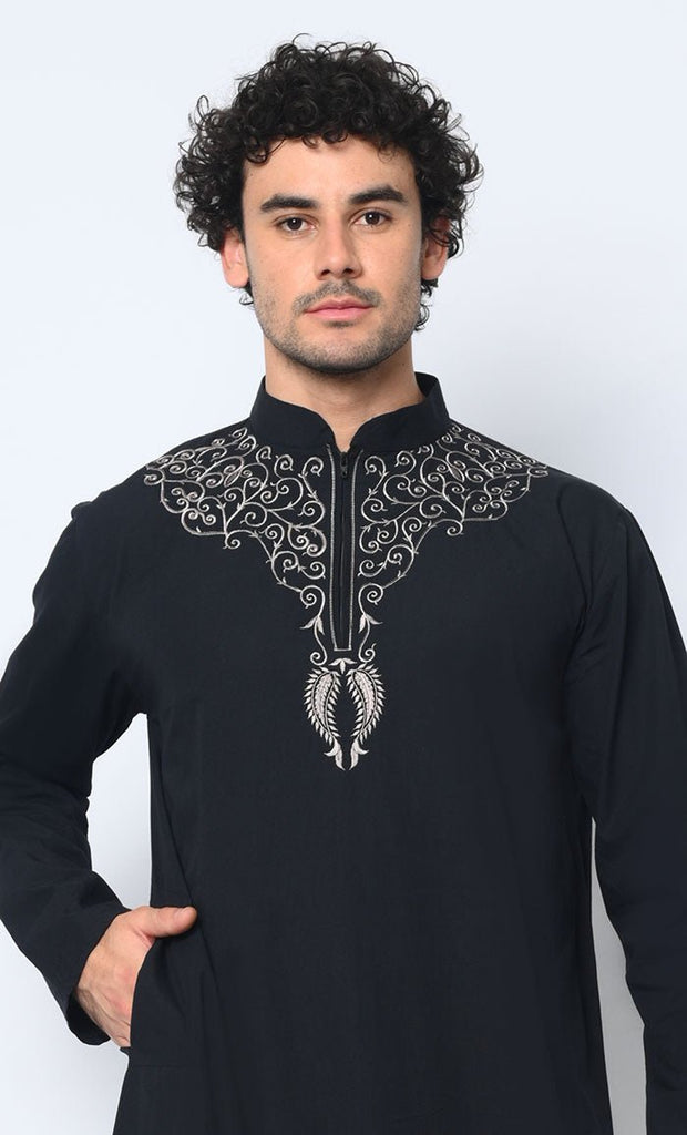 Cultural Heritage: Men's Black Thobe with Beautiful Arabic Embroidery - EastEssence.com