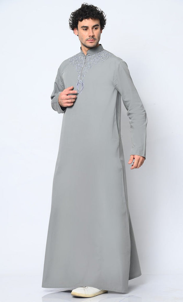 Cultural Heritage: Men's Grey Thobe with Beautiful Arabic Embroidery - EastEssence.com