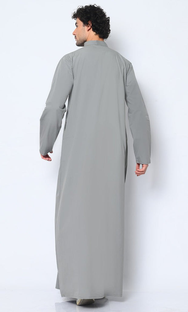 Cultural Heritage: Men's Grey Thobe with Beautiful Arabic Embroidery - EastEssence.com