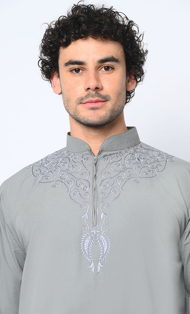 Cultural Heritage: Men's Grey Thobe with Beautiful Arabic Embroidery - EastEssence.com