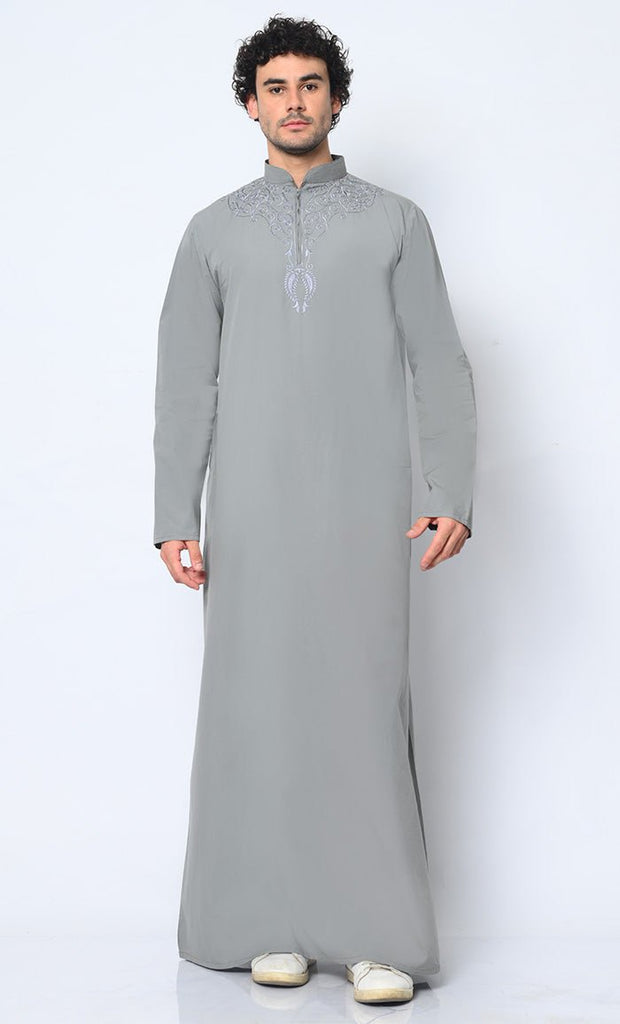 Cultural Heritage: Men's Grey Thobe with Beautiful Arabic Embroidery - EastEssence.com