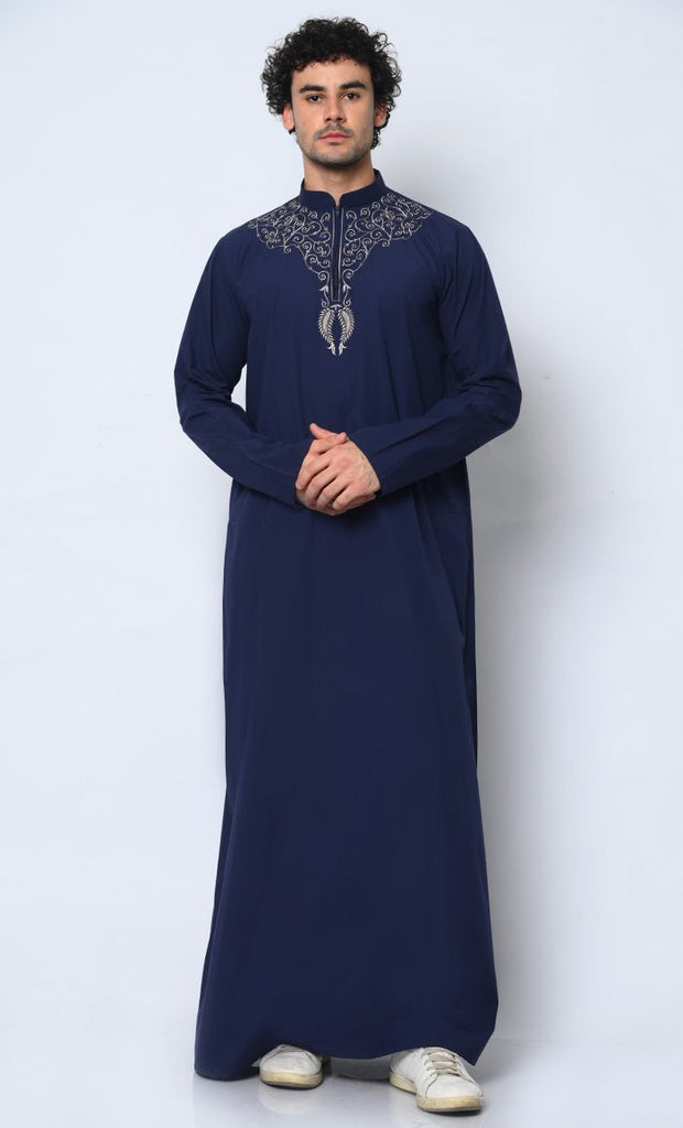 Cultural Heritage: Men's Navy Thobe with Beautiful Arabic Embroidery - EastEssence.com