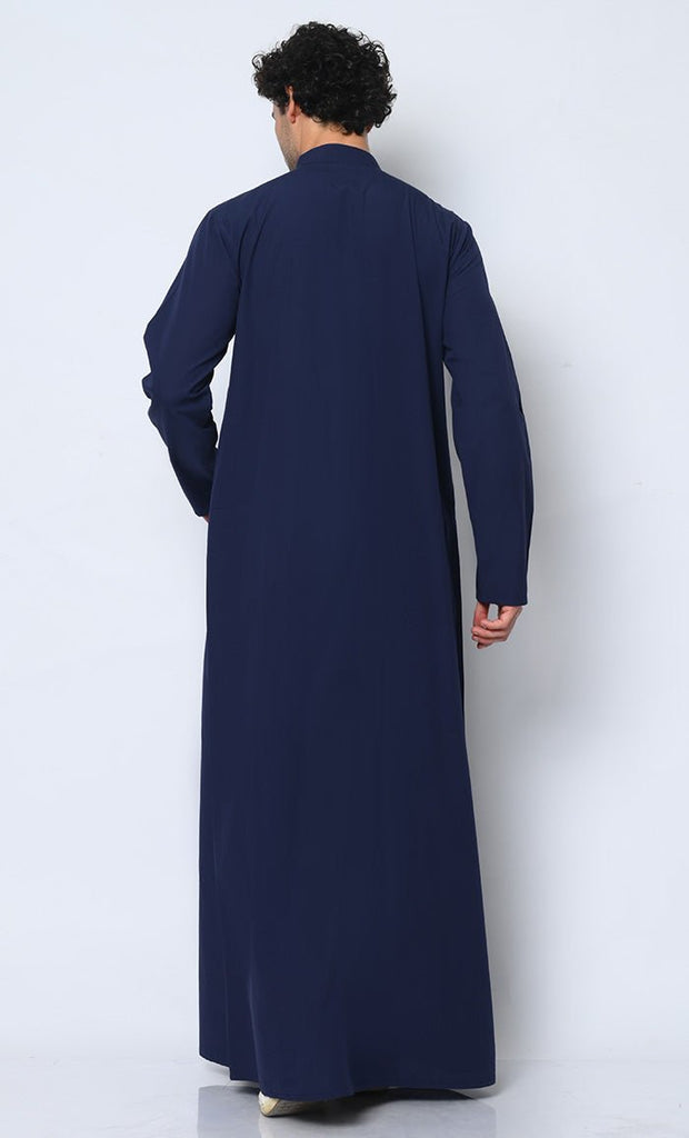 Cultural Heritage: Men's Navy Thobe with Beautiful Arabic Embroidery - EastEssence.com