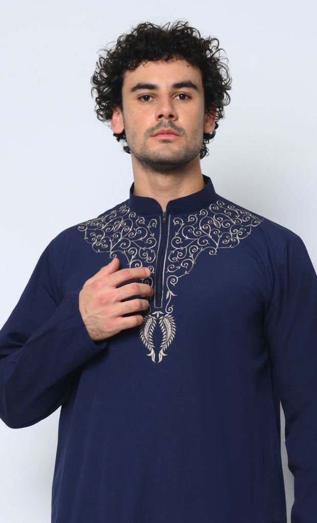 Cultural Heritage: Men's Navy Thobe with Beautiful Arabic Embroidery - EastEssence.com