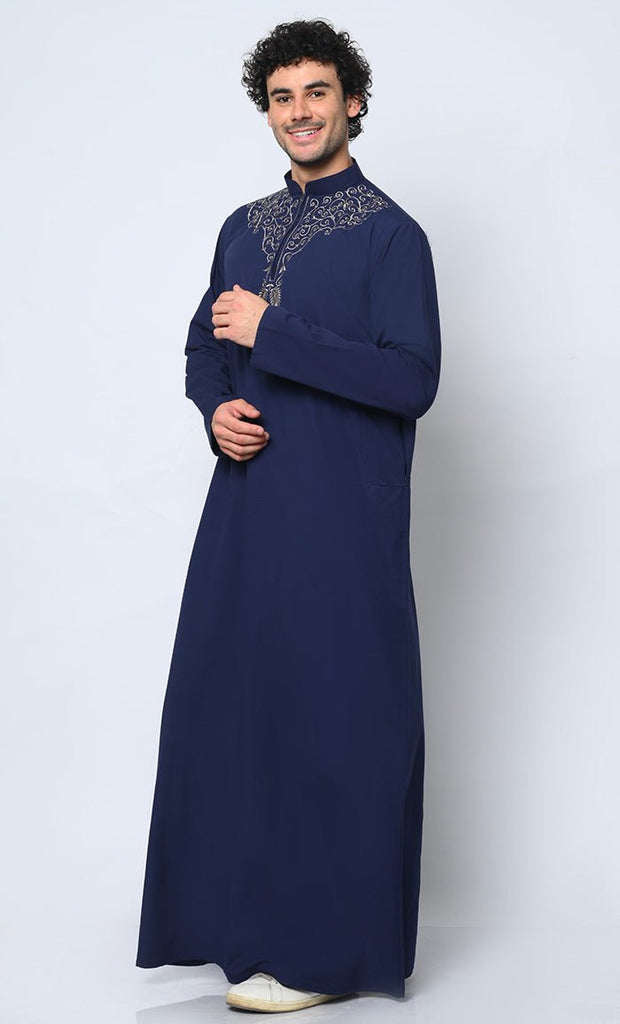 Cultural Heritage: Men's Navy Thobe with Beautiful Arabic Embroidery - EastEssence.com