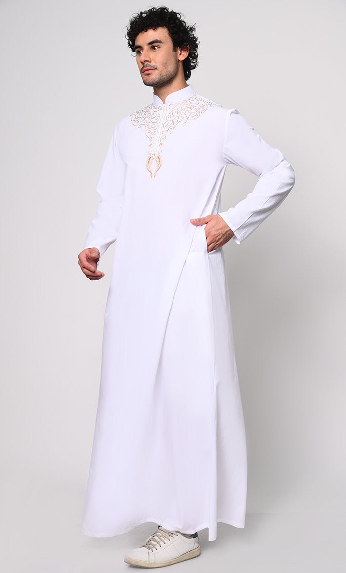 Cultural Heritage: Men's White Thobe with Beautiful Arabic Embroidery - EastEssence.com