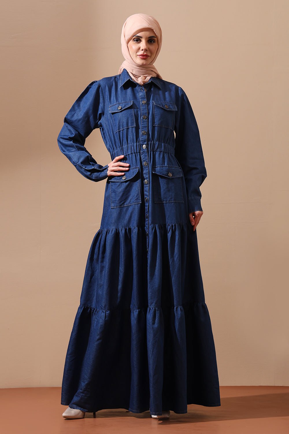 Denim Abaya Dress with Front Utility Pockets - EastEssence.com