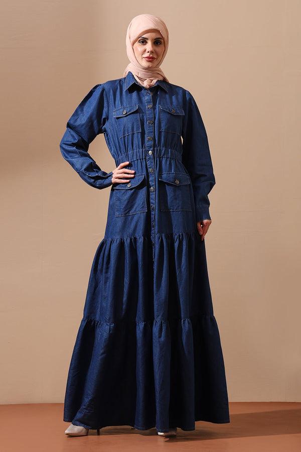 Denim Abaya Dress with Front Utility Pockets - EastEssence.com