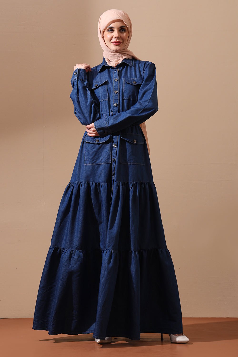 Denim Abaya Dress with Front Utility Pockets - EastEssence.com