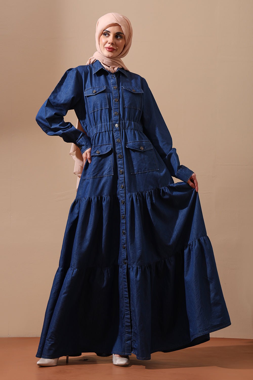 Denim Abaya Dress with Front Utility Pockets - EastEssence.com