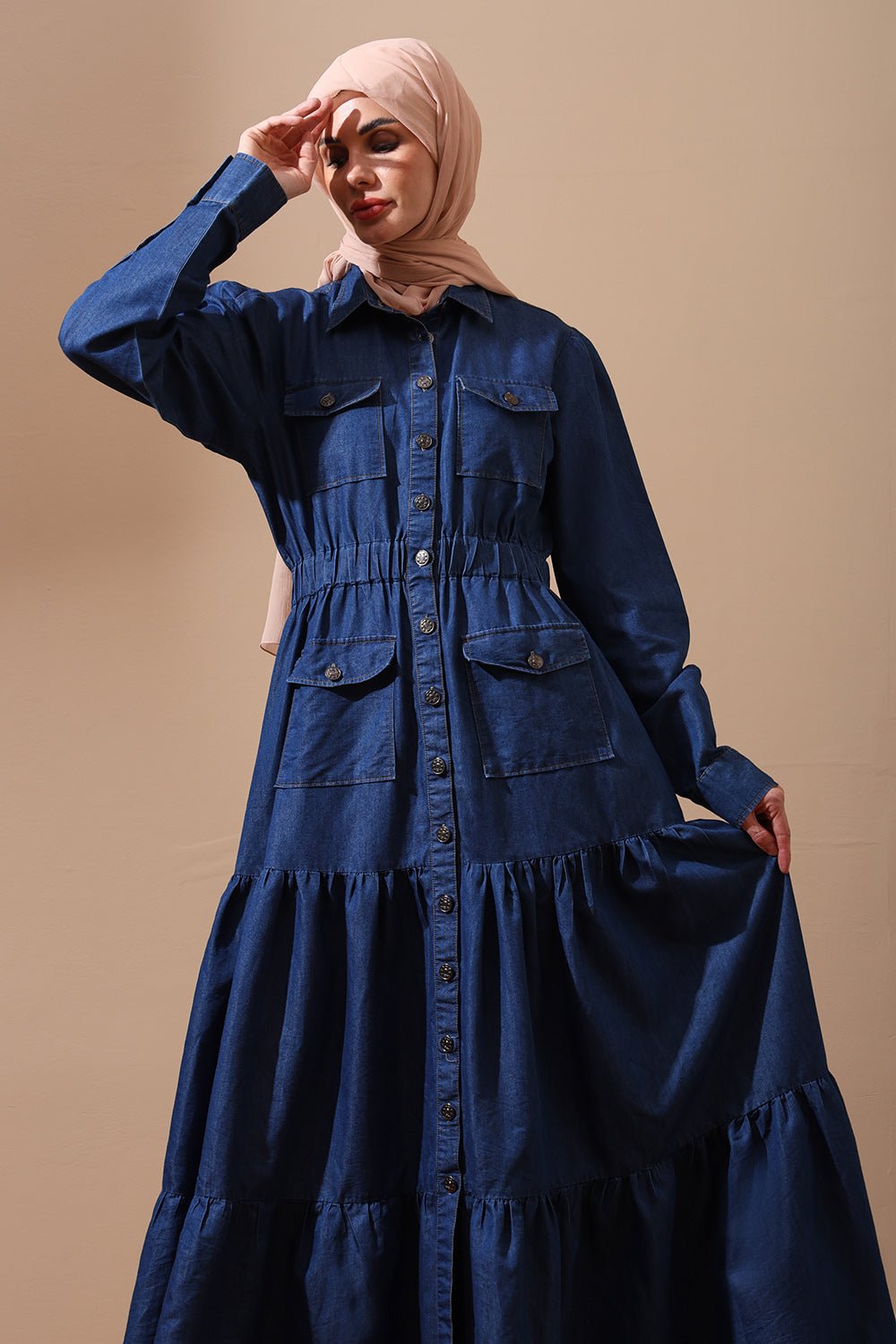 Denim Abaya Dress with Front Utility Pockets - EastEssence.com