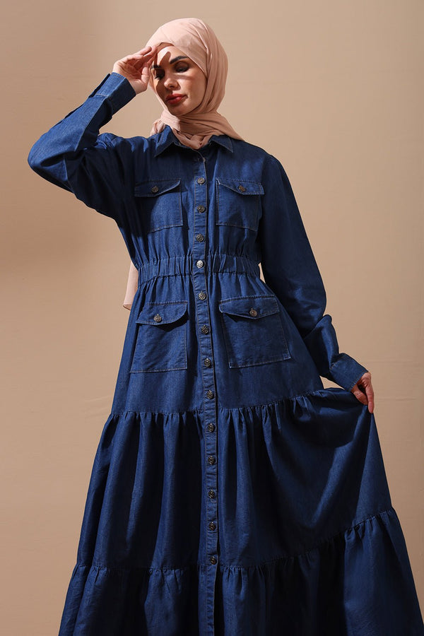 Denim Abaya Dress with Front Utility Pockets - EastEssence.com